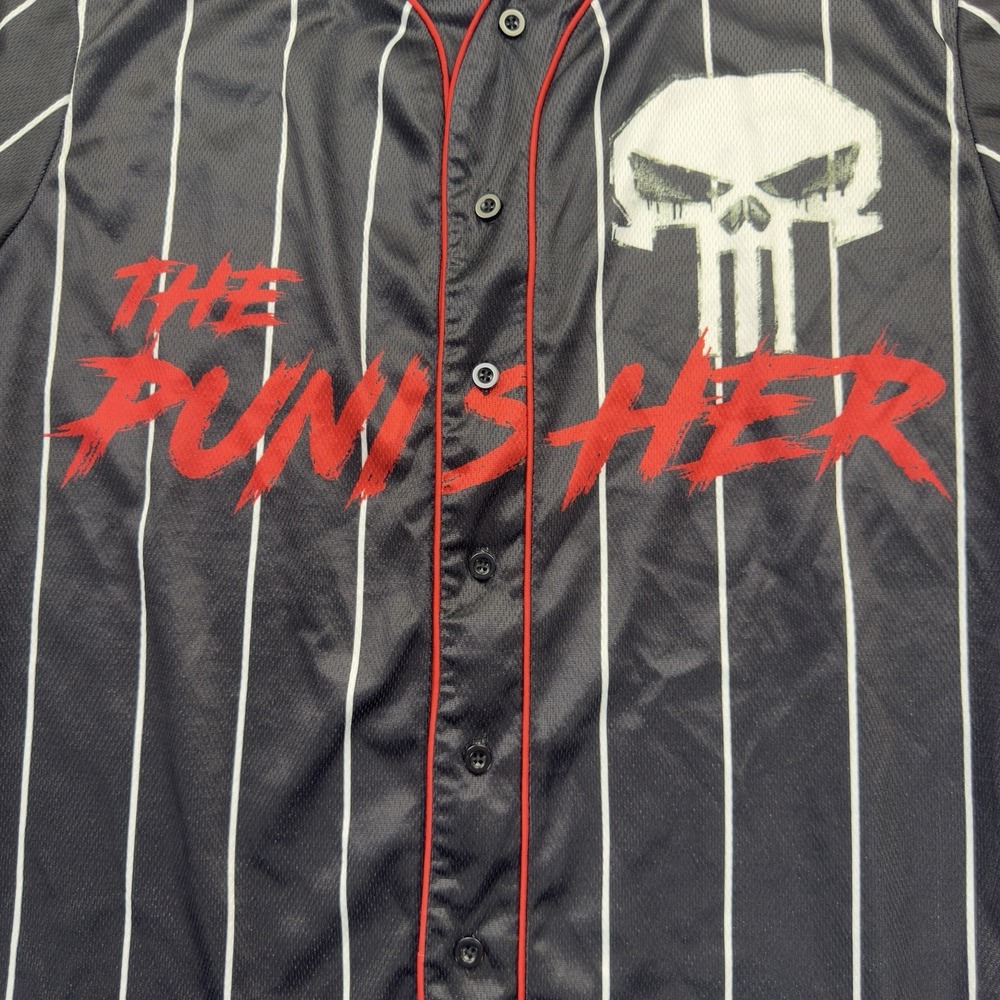 The Punisher Marvel Comics Baseball Jersey Mens XL Black Pinstripe Skull Shirt - Picture 8 of 10
